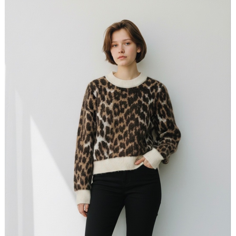 NEW Ganni Leopard Jacquard Alpaca Wool Blend Sweater Size Small Animal Print
